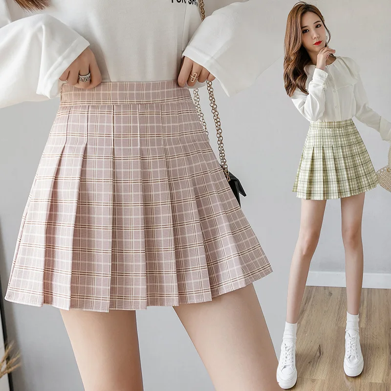 

2021 New Korean Style Harajuku Women Fashion Mini Pleated Skirts Casual Loose Plaid Skirt A-Line Skirt High Waist kawaii skirt