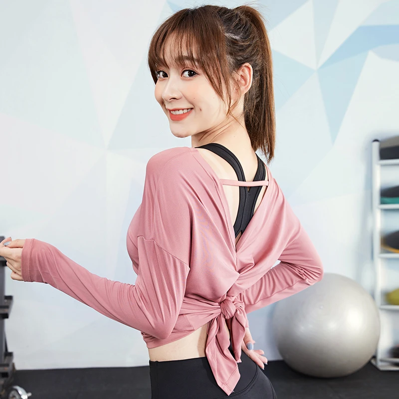 

Sexy Yoga Shirts Workout Open Back Top Long Sleeve Crop Top Women Spring Autumn Gym Cross Back Sports Shirt Short Sleeve Summer