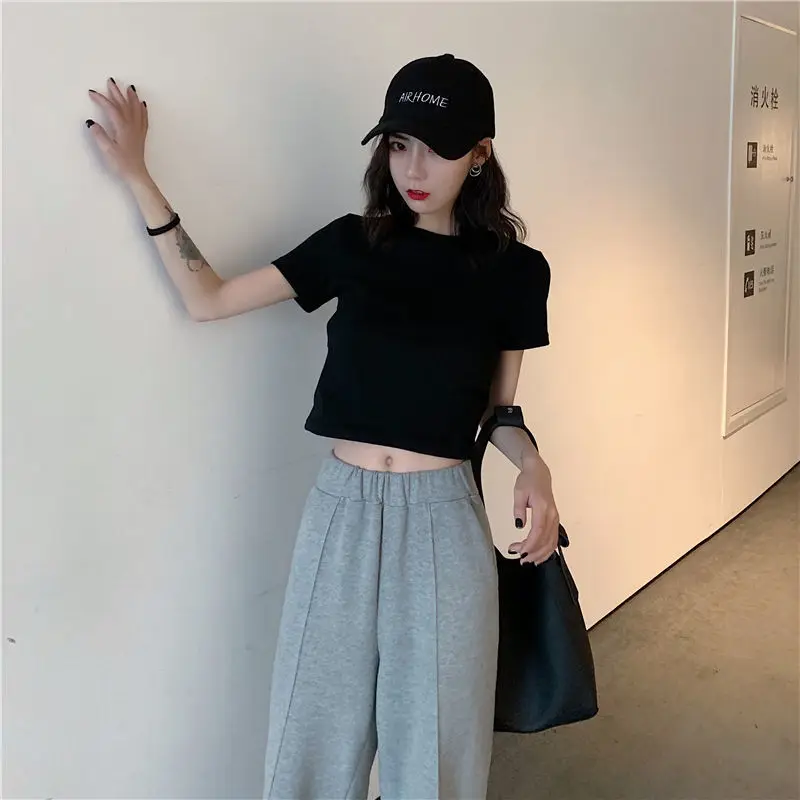 

Short Sleeve Black Two Piece Set Casual Loose Elastic Straight Pants High Waist Womens Outfits Crop Top And Trousers 2piece Set