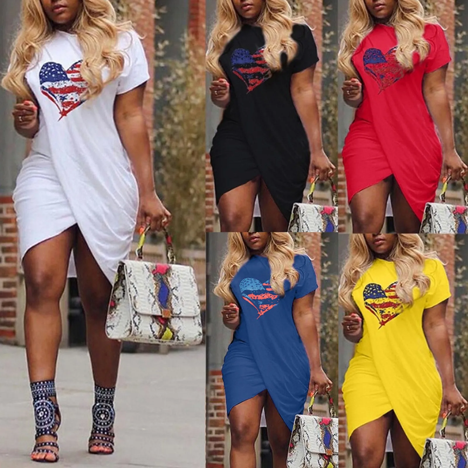 

Ladies Casual Flag Print Independence Day Short Sleeve Split Dress Women Casual Heart Print Independence Day Print Dress