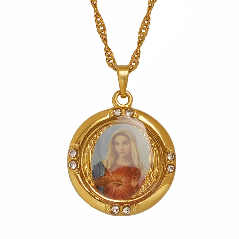 Gold Color Anniyo,, Золотая эмаль на удачу, пресвязанная Дева Марии, подвеска, ожерелья на цепочке для женщин, девушек, христианство, ювелирные изделия#056304 - Окраска металла: Gold Color