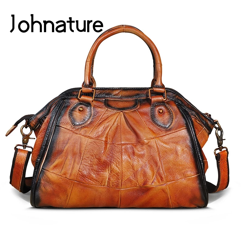 

Johnature Retro Genuine Leather Women Bag 2022 New Large Capacity Shoulder Bags Soft Cowhide Versatile Solid Color Handbag