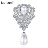 luoteemi trendy cz crystal vintage brooches for women double created white waterdrop pearl brooch wedding party jewellery gifts