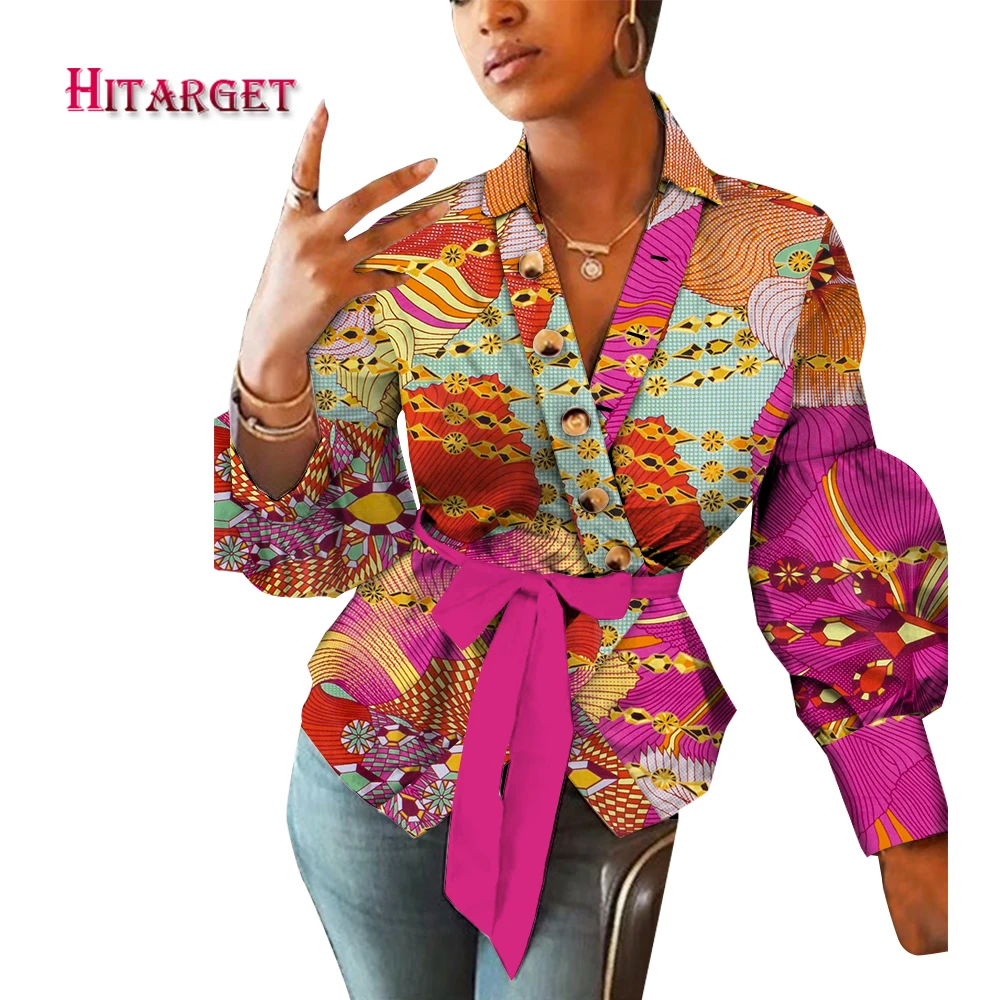 

Африканская одежда для женщин, топ с принтом Анкары, рубашка, повседневная женская блузка с длинным рукавом и V-образным вырезом, Дашики, жен...