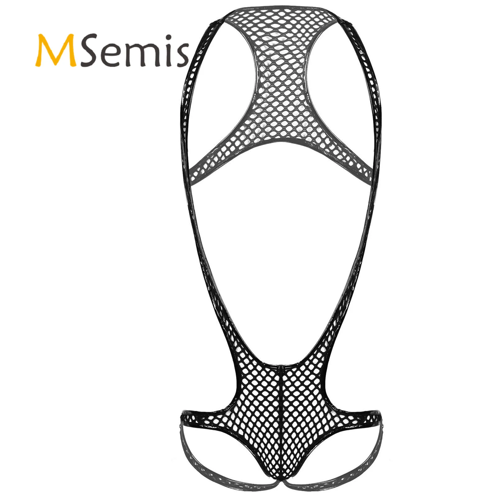 

Gay Mens Erotic Lingerie Singlet Bodysuit Patent Leather Fishnet Club Dance Performance Sexy Costume Edges Hollow Out Sleepwear