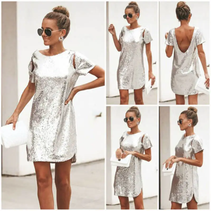 Женское платье расшитое блестками с коротким рукавом летнее прямое серебряное