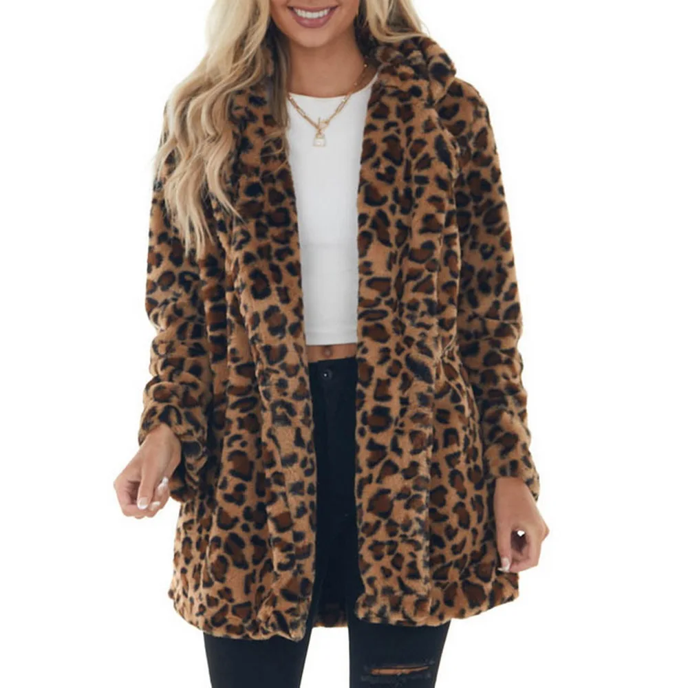 

Women Turn-down Collar Winter Coat Flannel Leopard Print Long Sleeve Cardigan Pockets Fashion Ladies Female Fur Warm Outwear