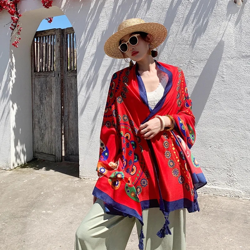 Женский Осенний ретро-шарф шаль синий красный кешью цветок для защиты от солнца