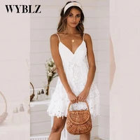 wyblz summer splicing sexy lace dress fashion v neck hollow out sling dress women white elegant short party club dresses female