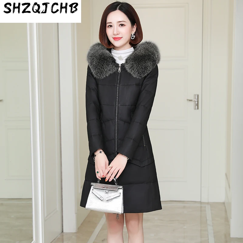 

SHZQ Новый кожаный пуховик женский средней и длинной с капюшоном воротник из лисьего меха куртка из овечьей кожи