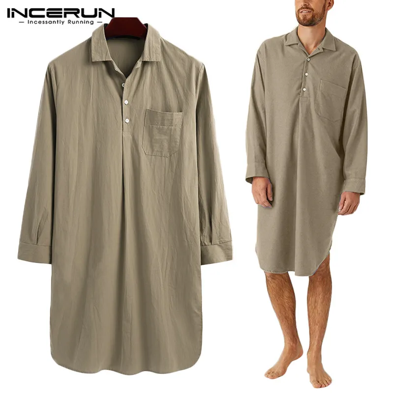 

INCERUN Fashion Cotton Mens Robes Sleepwear Long Sleeve Loose Solid Leisure Lapel Homewear Bathrobe Comfy Men Nightgown S-5XL