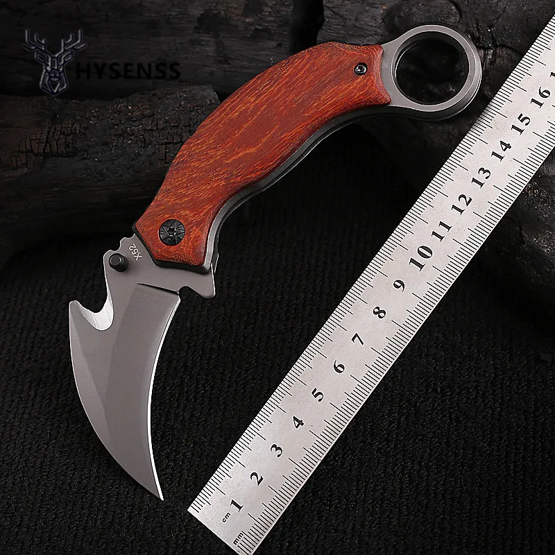 

Hysenss X52 High Quality Karambit CS GO Folding Blade Knife Claw Knives Survival Outdoor Camping EDC Tools Steel + Wood Handel