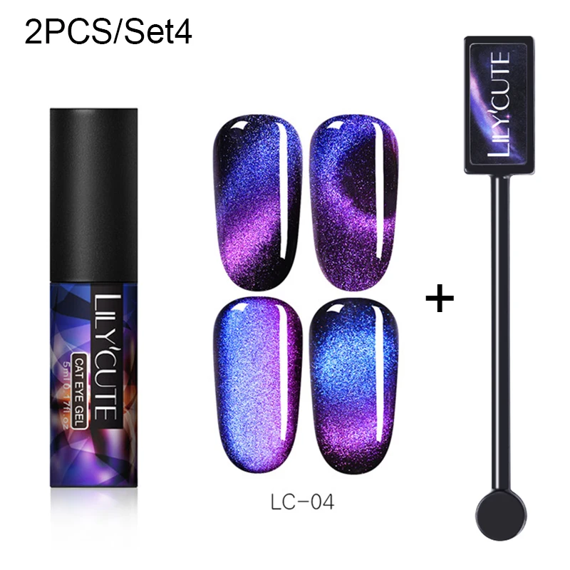 2 PCS 4 LILYCUTE, 5 мл, 9D, Auroras, магнитный гель кошачий глаз, набор, долговечный Блестящий лазер для ногтей, художественный Гель-лак для ногтей, впитывающий УФ-Гель-лак - Цвет: 2 PCS 4