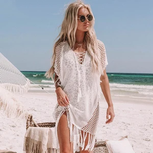 new knitted beach cover up women bikini swimsuit cover up hollow out beach dress tassel tunics bathing suits cover ups beachwear free global shipping