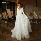Кружевные свадебные платья LORIE в стиле бохо 2020, свадебные платья с длинным рукавом и V-образным вырезом, свадебные платья принцессы, мягкое атласное белое платье с открытой спиной