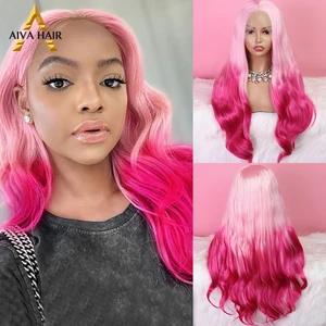 Aiva Heat Resistant Synthetic Lace Front Wig Glueless Ombre Pink Lace Front Wig Cosplay Black White Synthetic Wigs For Women