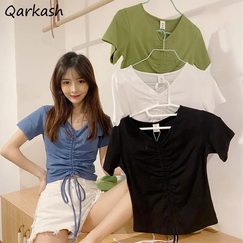 

T-shirts Women V-neck Design Shirring Short Sleeve Skinny Sexy All-match Workout Female Crop Tops Girls Candy Color Leisure Soft