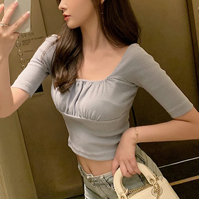 

Summer Women Fashion Pleated Square Collar Crop Top Solid Color Short Sleeve T-shirt Gentle Temperament Collarbone Slim Shirt