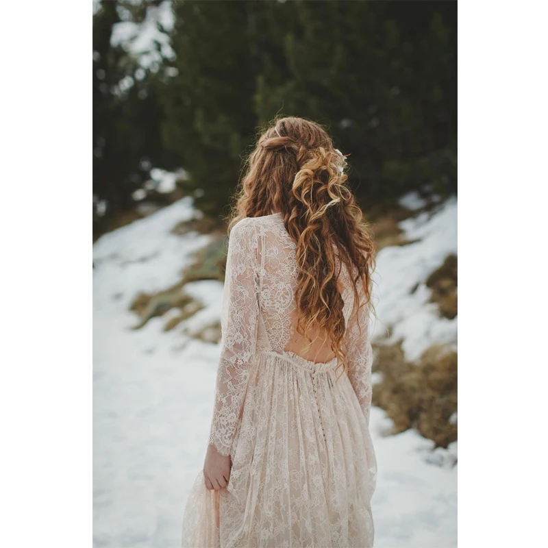 Винтажное бежевое кружевное свадебное платье Bobemian с длинным рукавом 2020