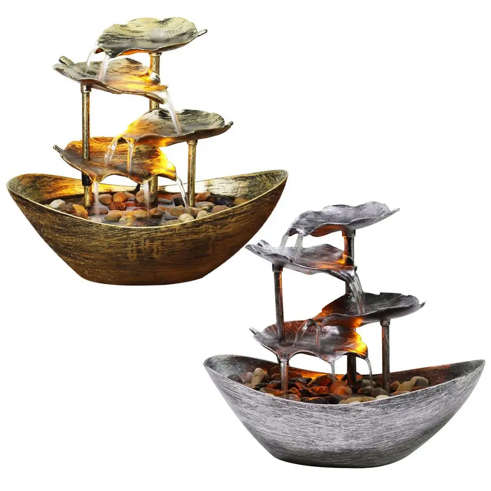 

Waterfall Fountain Sailing Lotus Leaf Shaped Water Fountains With Led Lights Desktop Flowing Water Waterfall FengShui Home Decor