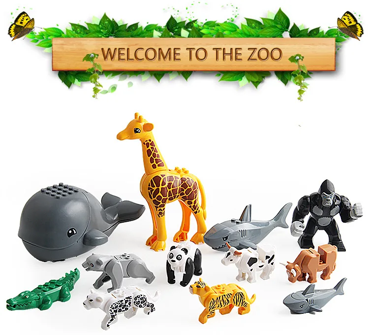 

Big Building BlocksAnimal Zoo Accessories Lion Tiger Elephant Parrot Monkey Assemble Blocks Toys For Children Gifts