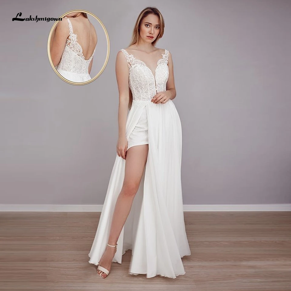 

Lakshmigown High Side Split Beach Wedding Dress Summer 2021 Sexy Trouwjurk Boho Chiffon Wedding Gowns Floor Length Lace Bodice