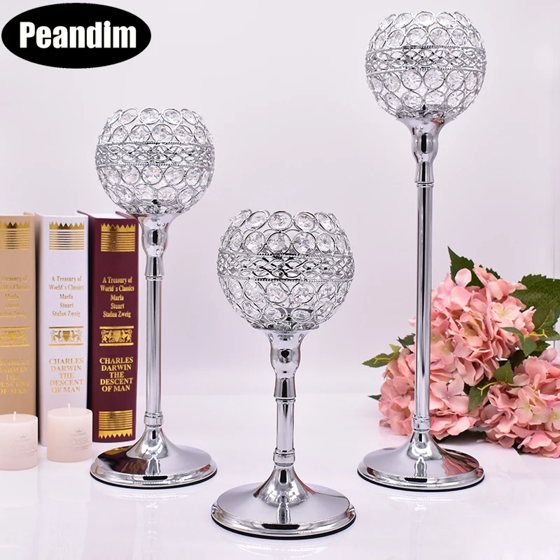 

PEANDIM Floor Standing Candle Holders Set 3pcs/Lot Crystal Candlestick Shiny Silver Plated Party Table Wedding Centerpieces