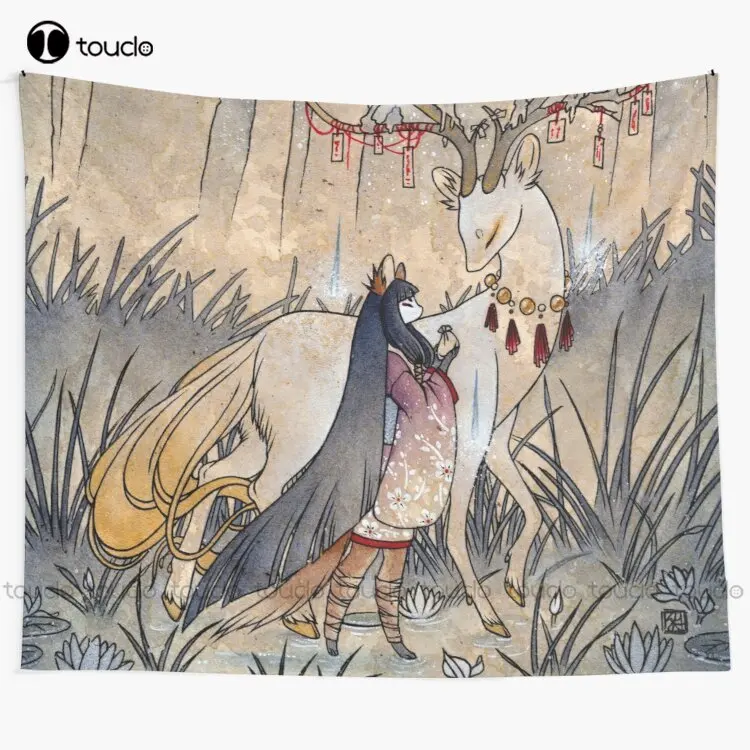 

The Wish - Teakitsune Fox Yokai Tapestry Japanese Tapestry Tapestry Wall Hanging For Living Room Bedroom Dorm Room Home Decor