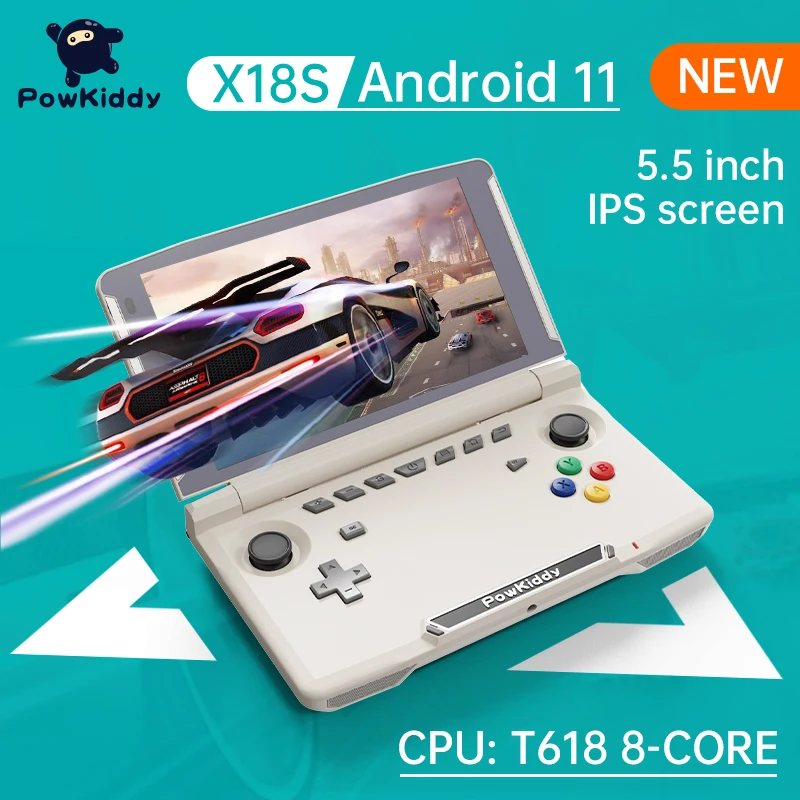 

Powkiddy New X18S Android 11 T618 Chip 5.5 Inch Touch IPS Screen Flip Handheld Game Cosole Mobile Game Players Ram 4GB Rom 64GB