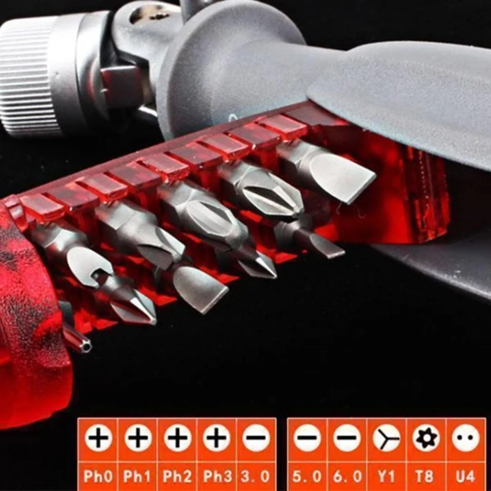 

Angle & Head Adjustable Screwdriver with 10 Replaceable Head & Storage Sink Compatible with 6.35mm Screw Head JA55