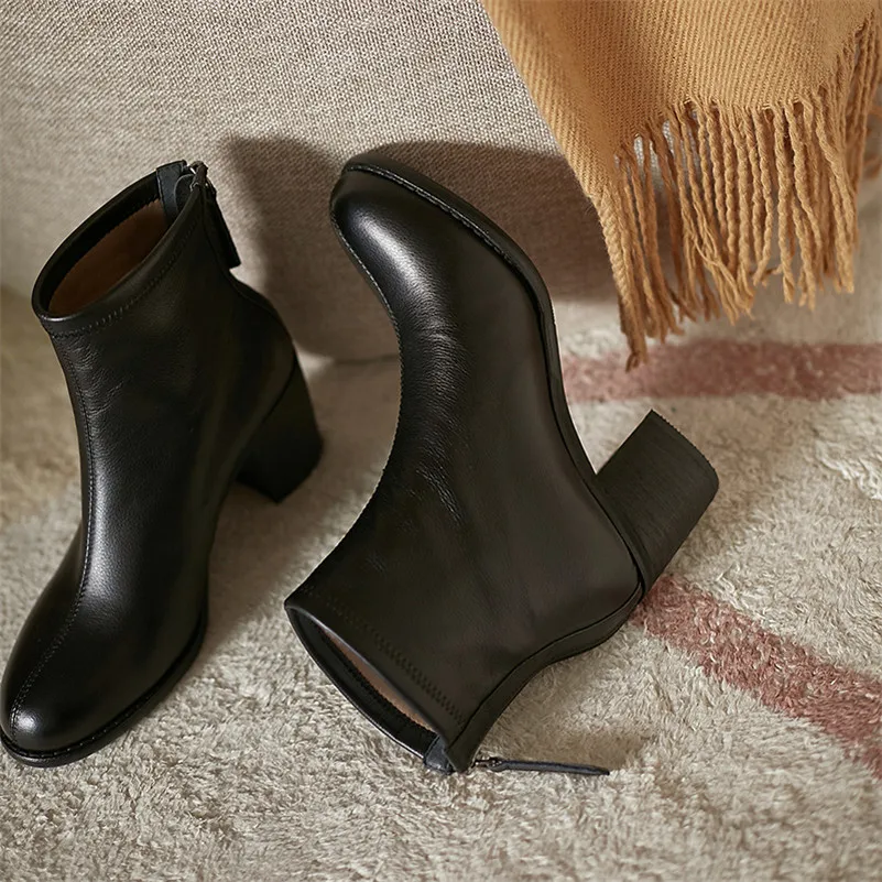 

ANNYMOLI Short Boots Women Shoes Real Leather Chunky Heels Boots Ladies High Heel Zipper Ankle Boots Autumn Winter Black Size 42