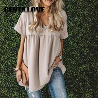 gentillove v neck pleated women t shirt solid loose short sleeve casual regular tees summer office lady oversized female tops