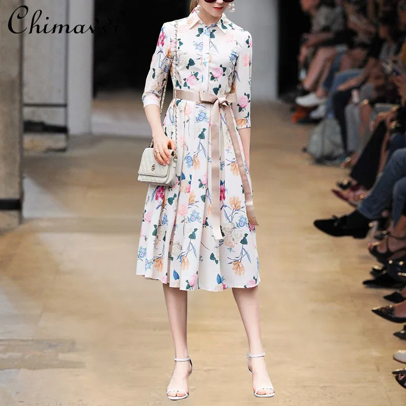 

European-Style Dress Women's 2021 Summer New Polo Collar Fresh Printed Lace-up Dress Fashion High Waist Slimming Pleated Dress