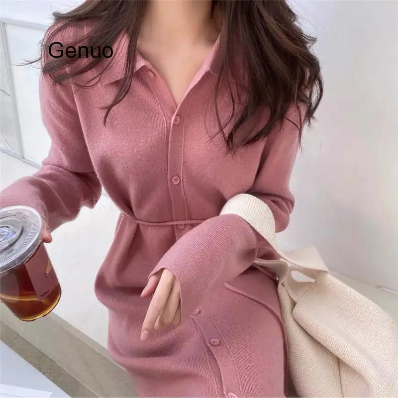 

French Chic Knitted Dress Bottoming Long Sleeve Sweater Dresses Autumn Winter Single Breasted Knitting Sweater Dressed Women