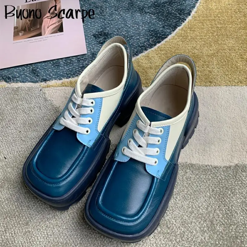 

Square Toe Leather Single Shoes Thick Sole Flat Shoes Lace Up Platform Sneakers Lace Up Ladies Flats Fashion New Sneakers Mujer