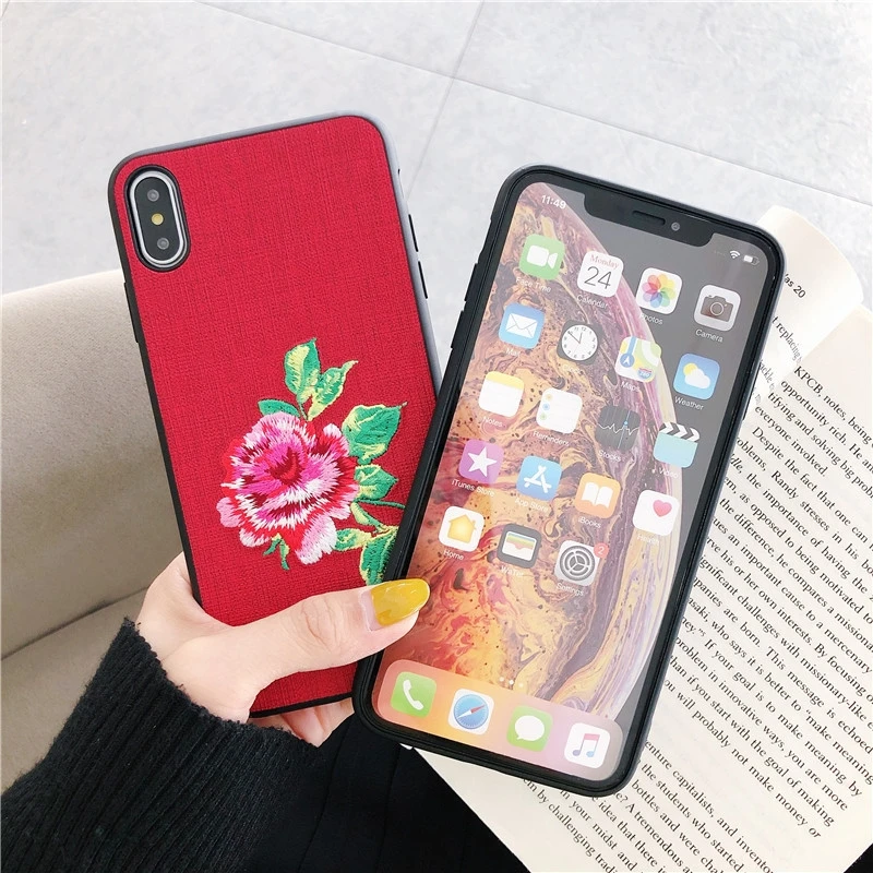 3D вышивка Пион цветочный чехол для iPhone 11 Pro Max XS X XR 7 8 Plus 6 6s + Чехол Ткань рельеф