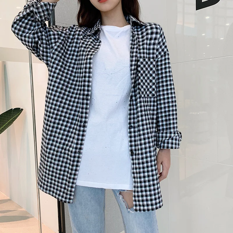 

Autumn Women Shirts Korean Style Simple Black And White Plaid Shirt