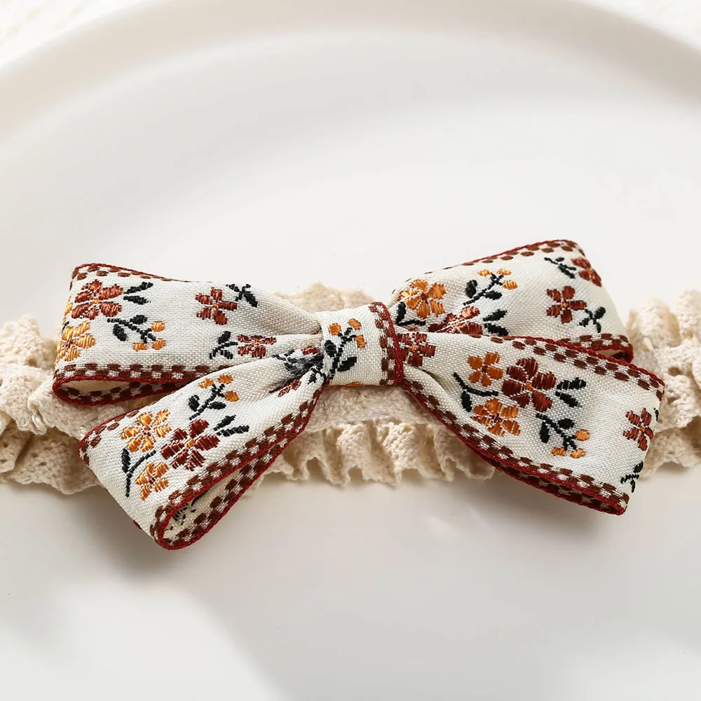 

ncmama Big Bows Baby Headband Embroidery Girls Floral Hair Bands Nylon Children Princess Headwrap Toddler Korean Style Turban