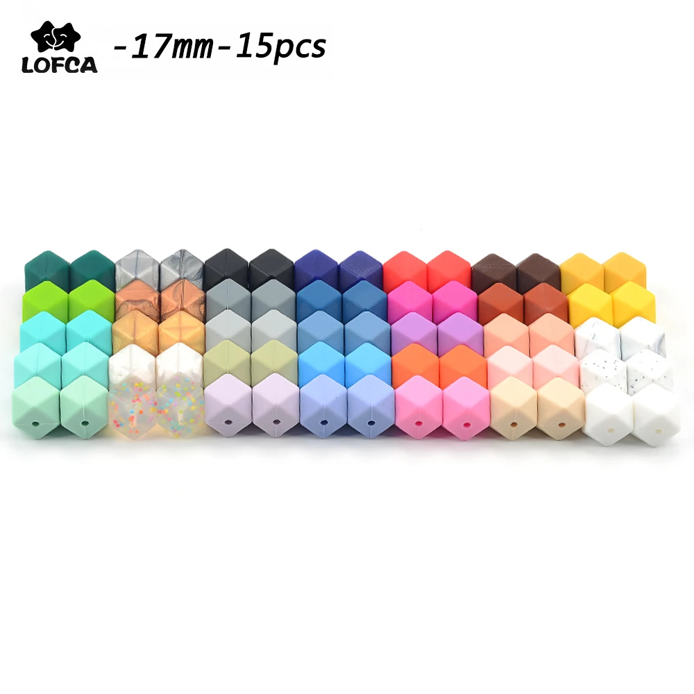 Cuentas de silicona hexagonales para dentici&oacute;n de beb&eacute;, mordedores de 17mm de grado alimenticio, collar para masticar, 15 unids/lote-0