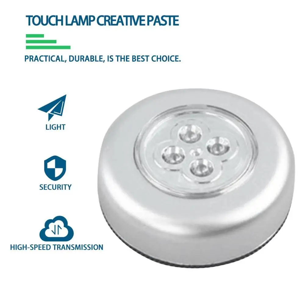

4 LED Touch Control Night Light Round Lamp Under Cabinet Closet Push Stick On Lamp Home Kitchen Bedroom Automobile Use
