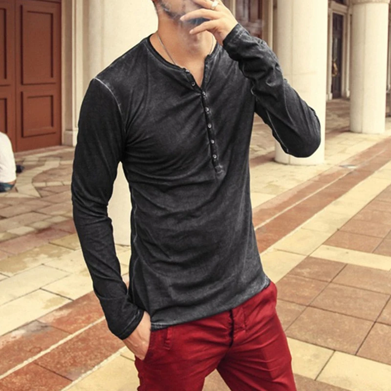 

Mens V-Neck Long Sleeve T-Shirt Autumn Solid Slim Fit Fashion Casual Comfortable Elastic Henley Shirt TopsTee shirt