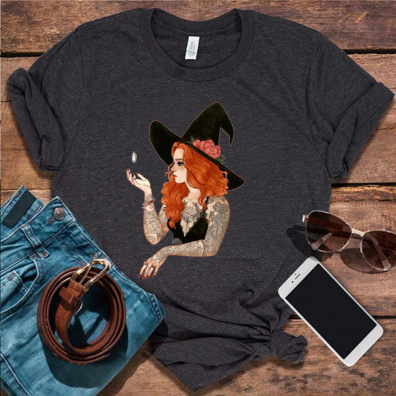 

Red Tattooed Tops Women 2021 Halloween Vintage Cartoon Tshirts Witch Woman Summer Aesthetic Clothes Harajuku Shirt XL