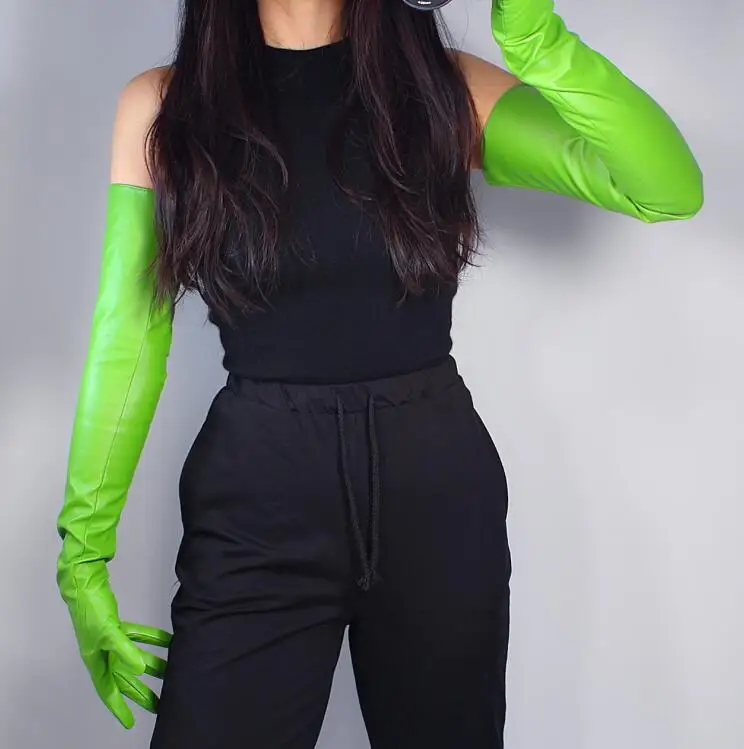 

Women's runway fashion green slim faux pu leather glove lady's club performance formal party leather short glove 21cm R2639