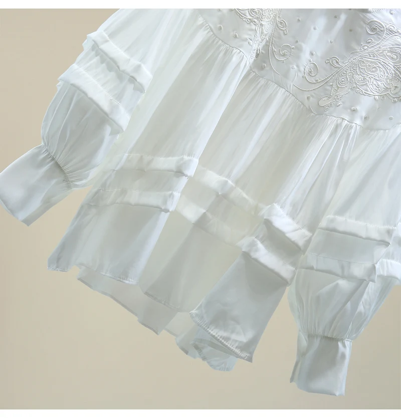 

2021 Spring Women Hollow Embroidered Casual Shirt Korean Style Loose Slim Top Ruffled Elegant Lantern Sleeve Pullover Blusas