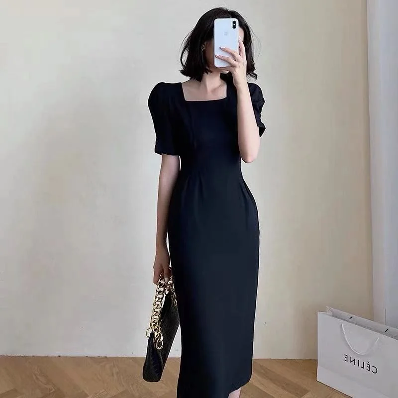 

Elegant Women Fashion Slim Waist Solid Black Summer Short Sleeve Office Lady Wear To Work Bodycon Dress