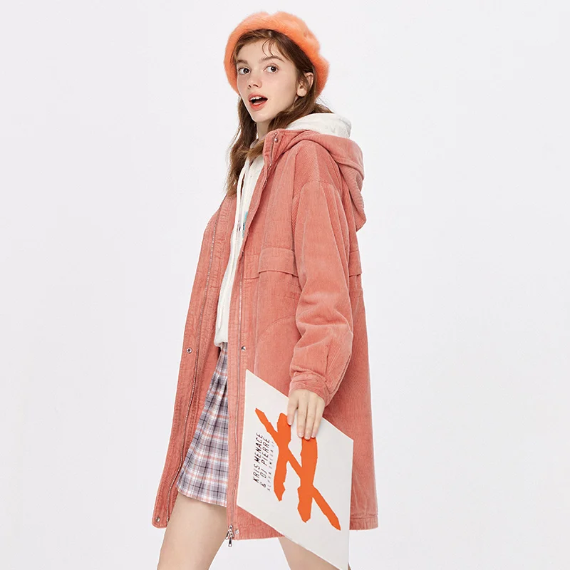 

Semir Women Corduroy Windbreaker Coat Winter New Mid-Length Retro Long Hooded Trench Coat Trendy