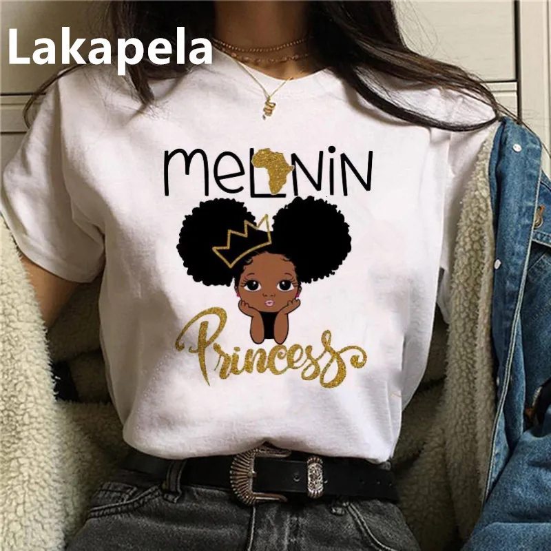 

Футболка в стиле Харадзюку для девочек с африканскими вьющимися волосами, Женские топы с мультяшным графическим принтом, женская футболка, ...