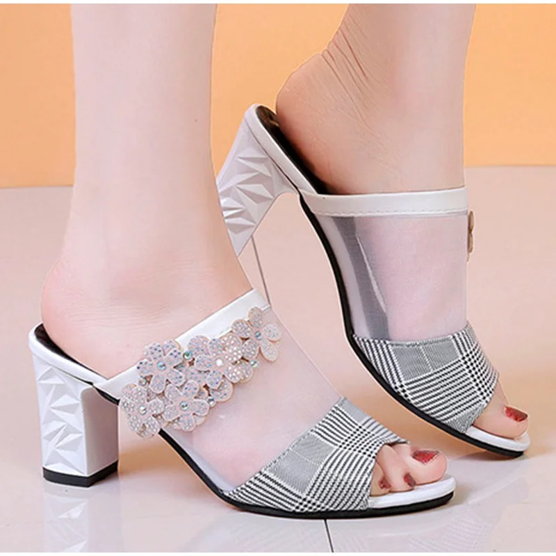 Женские шлепанцы на Высоком толстом каблуке Дышащая обувь с открытым носком из