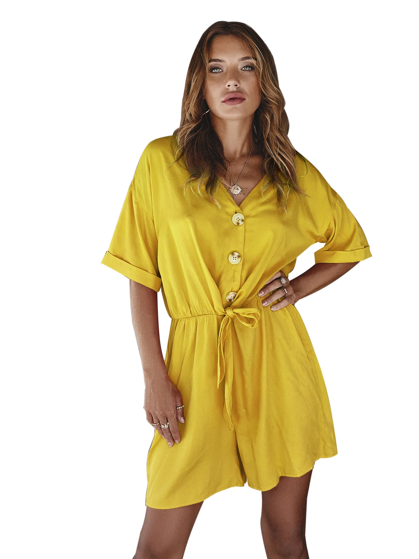 Elegant Solid V Neck Jumpsuit Short Sleeve Playsuit Summer Rompers Clothes for Women 2021 Button Up Top Lace Up Shorts Playsuits