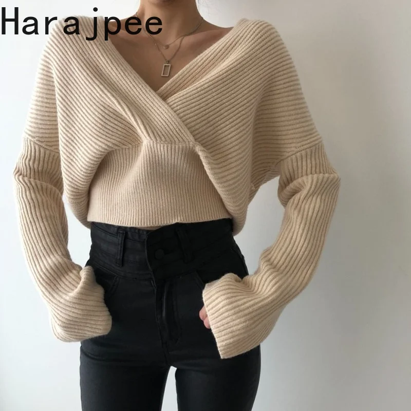 

Свитер в стиле харадзпи на осень и зиму, новинка, милая Эротичная вязаная кофта свободного кроя с V-образным вырезом, открытыми плечами и дли...